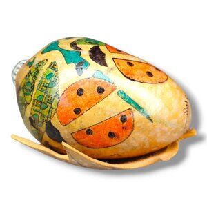 Hand-Painted Gourd Ornament Ladybug Dragonfly Hanging Leaf Base 5" Artist Signed